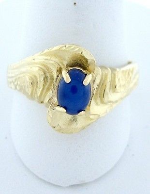   YELLOW GOLD 7x5mm OVAL BLUE STAR SAPPHIRE DIAMOND CUT SWIRL THICK RING