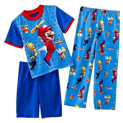 SUPER MARIO BROS Wii 3 Pc Pajamas 6 8 10 12 Shirt Pants Shorts PJS 