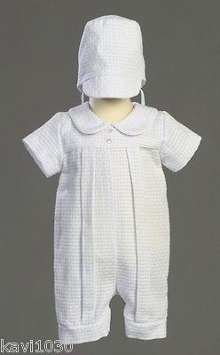   Boys White Christening Baptism Outfit Romper Basketweave Design 0 18M