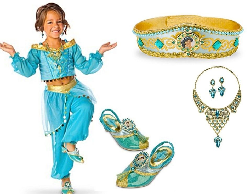  Princess Jasmine Costume Dress + Shoes + Crown + Jewelry 