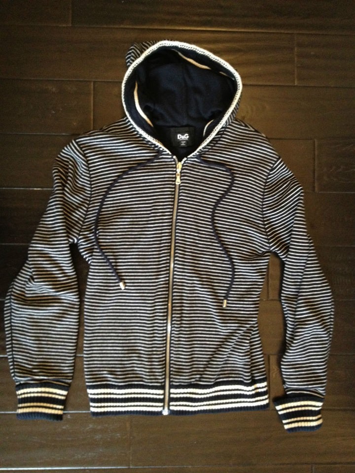 Dolce and & Gabbana D&G Mens White and Navy Blue Stripped Hoodie Size 