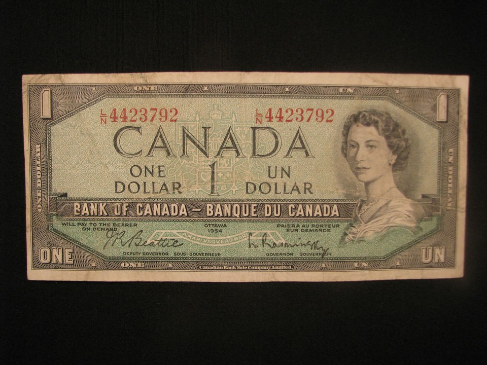 1954 Un One Dollar $1 Bank Of Canada   Serial #L/N 4423792   Beattie 