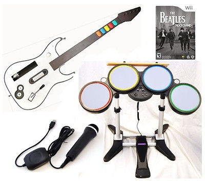   Wii ROCK BAND BEATLES Game w/Wireless Guitar Drums Mic bundle set