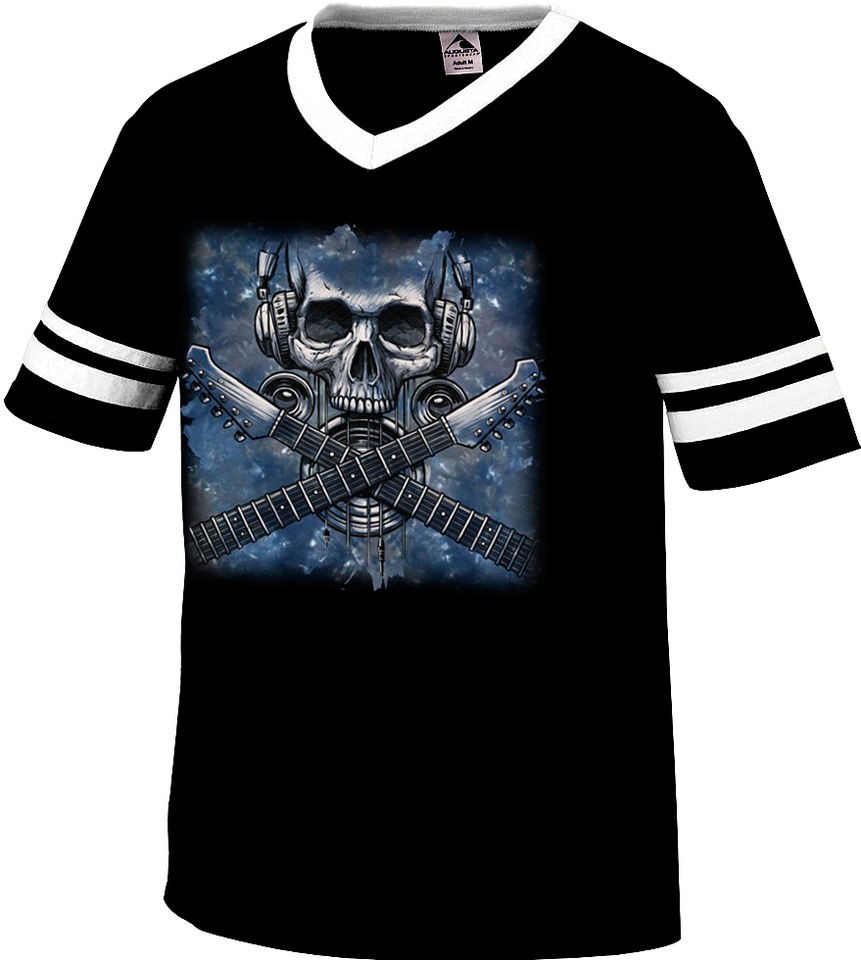   Skull Mens V Neck Ringer T Shirts Electric Guitar Headphones Speakers