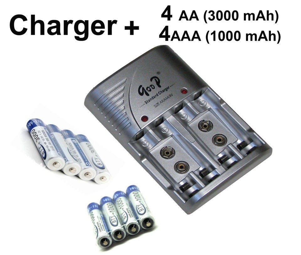 Ni Mh/Ni Cd (AA, AAA, 9V) Charger + 4 x AA (3000mAh) + 4 x AAA 