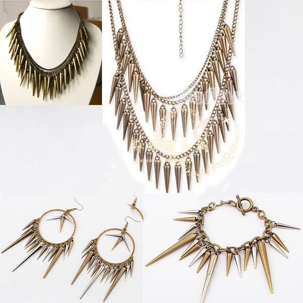   Punk Style Spike Rivets Tassel Bib Choker Necklace Earring Bracelet