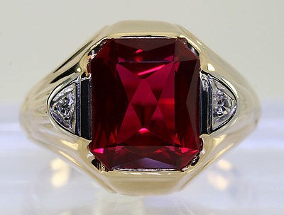   EMERALD CUT CHERRY RED RUBY ROUND DIAMOND 14K YELLOW GOLD RING SALE