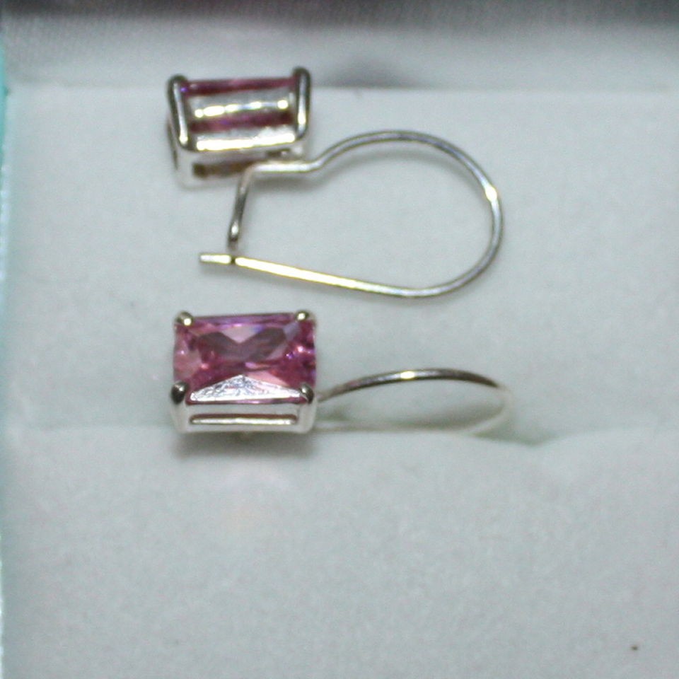 EMERALD CUT PINK DIAMONIQUE SILVER EARRINGS