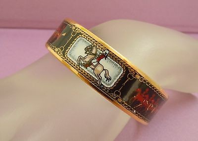   Enamel Bracelet Wide sz PM 65 Gold x Black Red Bangle Cuff Horse