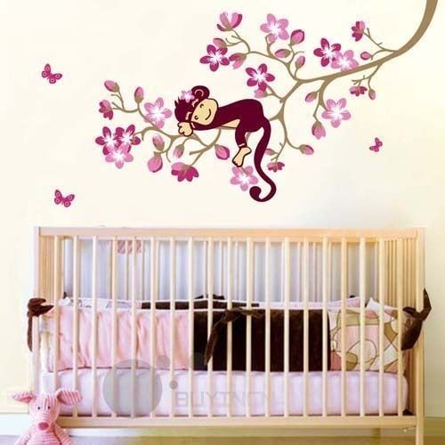 Removable Pink Flower Butterfly Cute Monkey On The Tree Room Wall 