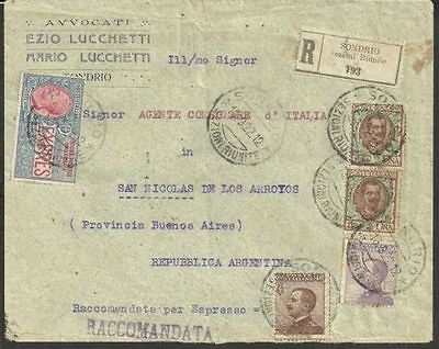 ITALY 1922 RARE REGISTERED EXPRESS COVER FROM SONDRIO TO BUENOS AIRES 