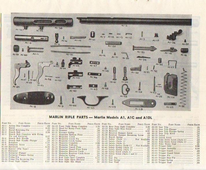 1953 MARLIN AD MODEL 39 A 97 RIFLE PARTS LIST 39A