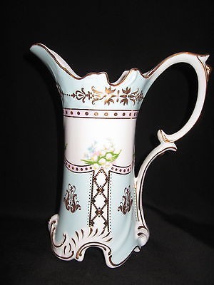   Hand Painted Porcelain Spring Bouquet Pitcher Gilded Aquamarine 9