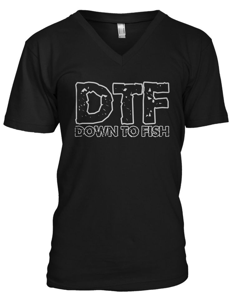 DTF Down To Fish Joke Fishing Hook Rod Reel Jersey Shore Mens V Neck 