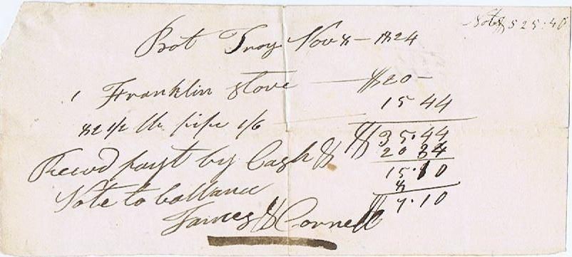 Franklin Stove Purchase   Note, Troy, NY, 1824