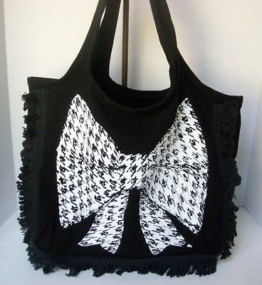 Lauren Moshi Bag   Miley Fringe Canvas Tote   HOUNDSTOOTH BOW in Black 