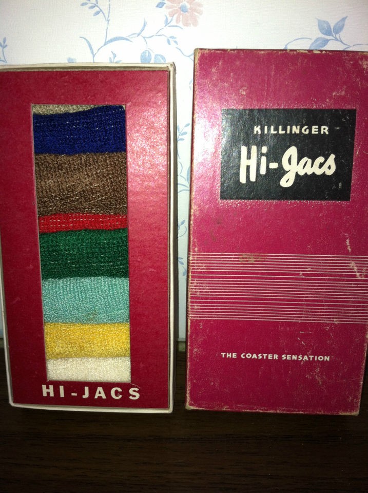 VINTAGE HI JACKS KNIT BOTTLE KOOZIES SET OF 8 IN ORIGINAL BOX FREE 