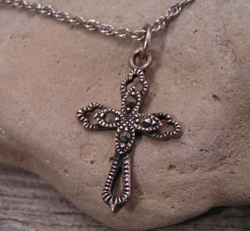 Vintage Marsala Signed Sterling Silver Marcasite Cross Necklace 4.1g