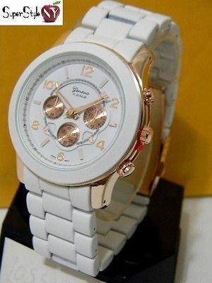   White Ceramic Design Metal Hip Hop Boyfriend Bracelet Geneva Big Watch