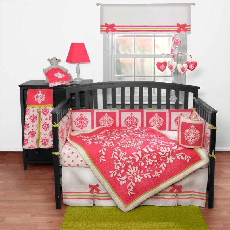 3pc Fuchsia Pink Orange Floral Damask Crib Nursery Bedding Set For 