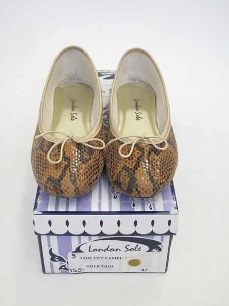 London Sole Camel Snakeskin Print Gold Trim Ballet Flats 37 $155