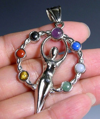 Chakras Pendant Silver Plated Goddess Gemstones Wicca Mother Feminine 