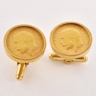   Pair 18K Solid Cufflinks Accented English 1/2 Sovereign Motif Coins