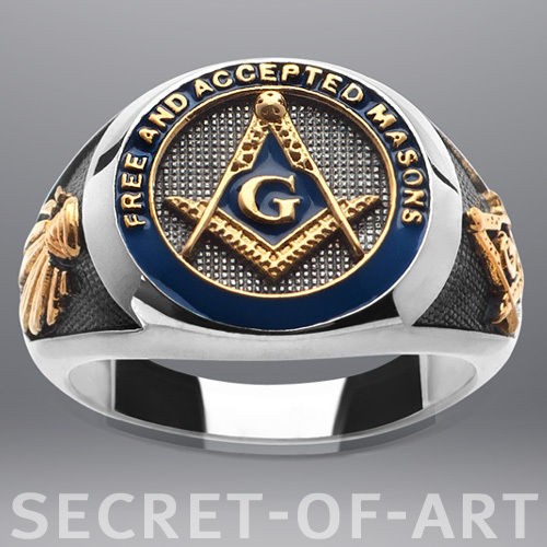 MASONIC SILVER 925 RING BLUE ENAMEL 24K GOLD PLATED