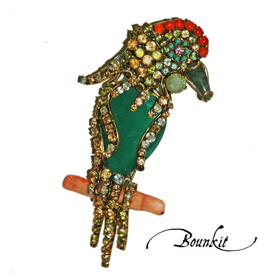 Stunning Green Onyx, Carnelian & Topaz Parrot brooch by Bounkit