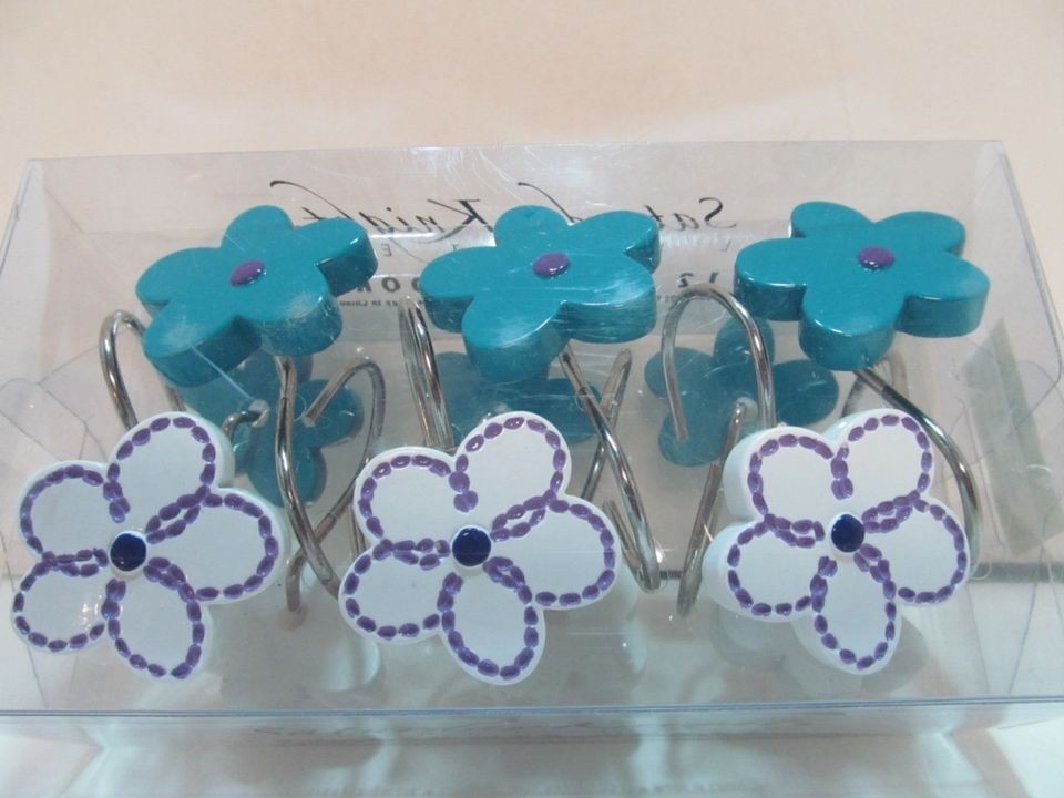 Shower Curtain hooks MOD FLORAL flower shape White w Purple Teal Blue 