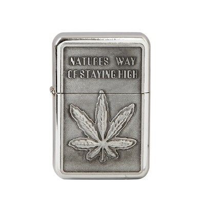 Wind Proof Refillable Oil Lighter Biker Style Cannabis Pot Leaf 