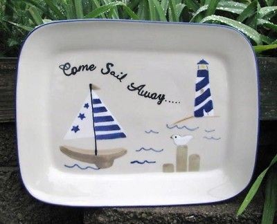 HARTSTONE POTTERY STONEWARE TRAY PLATTER   SEASIDE LIGHTHOUSE SAILBOAT 