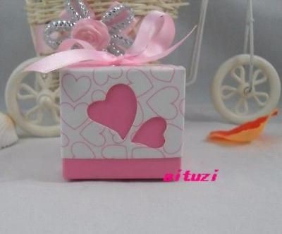 100pcs Heart Love Wedding Favor Party Boxes Candy box Pink ribbon 