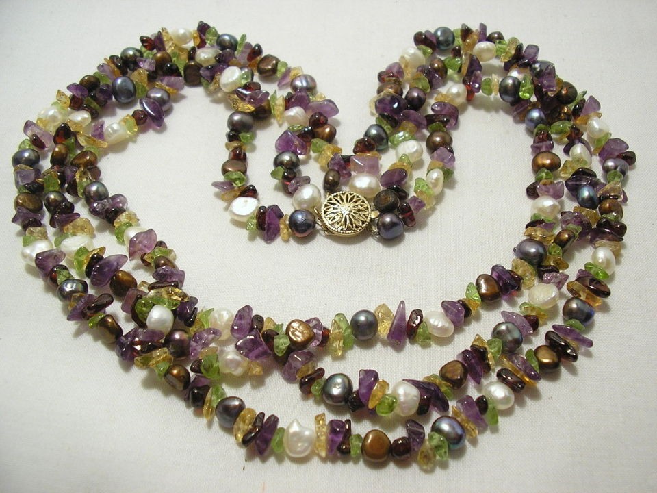 VINTAGE/RETRO REAL PEARL & GEMSTONE CHUNKS 3 STRAND BIB NECKLACE