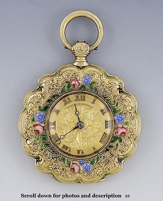 c1850s FRENCH 18K GOLD ENAMELED BUTTERFLY POCKET WATCH with