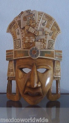 MAYAN AZTEC JAGUAR HANCARVED WOOD NEUTRAL NATURAL MASK ART SUN GOD 