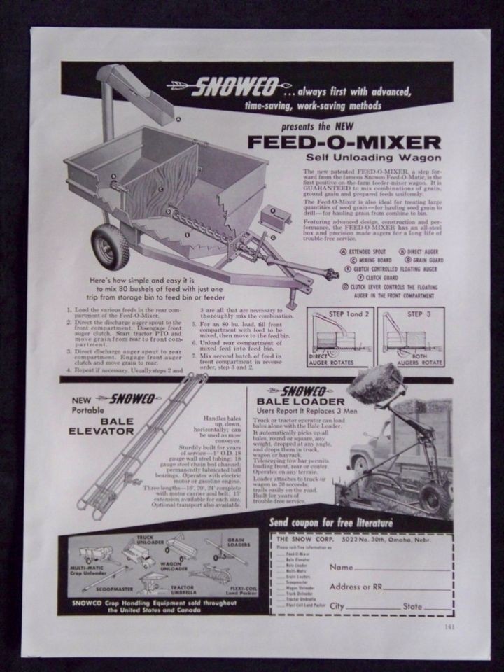 Vintage 1958 Snowco Feed O Mixer Magazine Ad