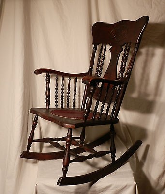   Victorian Gothic Mahogany Rocking Chair, Barley Twist, Leather Seat