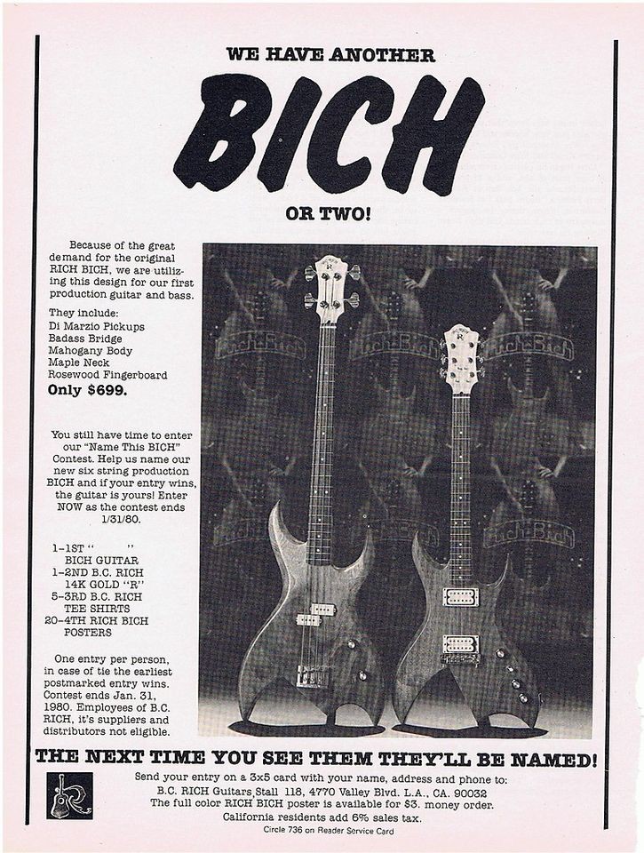 BC RICH GUITAR & BASS PINUP PRINT AD vtg 80s NAME THIS BICH CONTEST