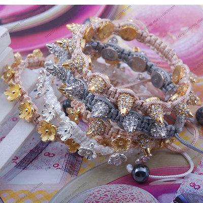   gold silver tone rivet spikes bead flower charm bracelet string