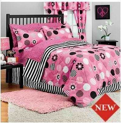 Candy Stripe Bed In Bag Comforter Set Pink Black White Polka Dot 