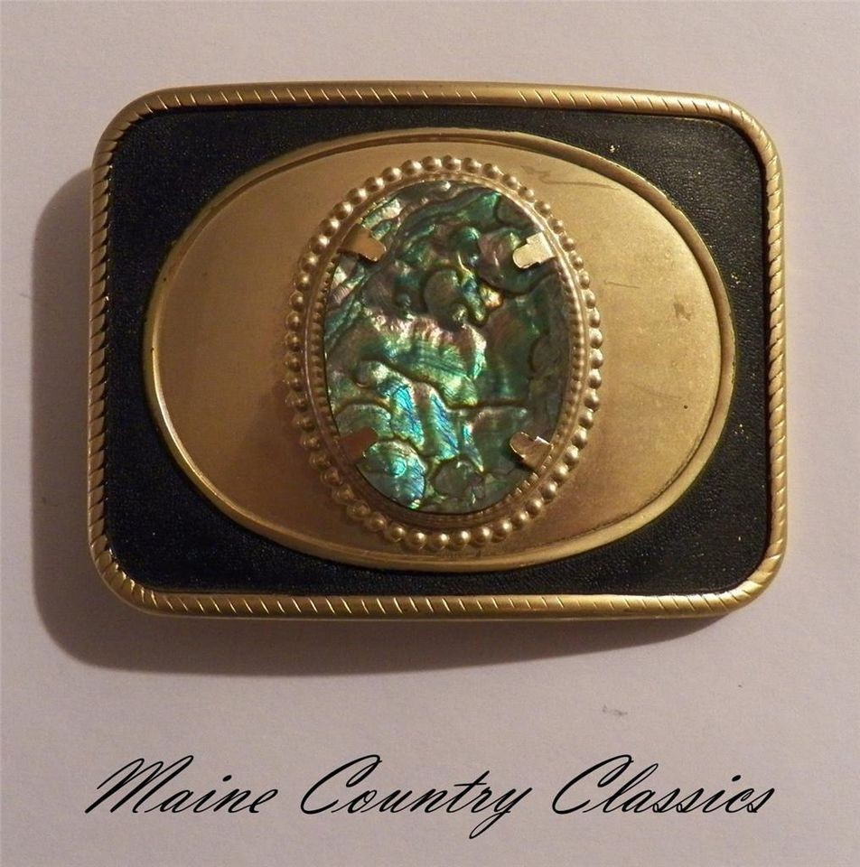   COWBOY GOLD TONE & ABALONE SHELL BELT BUCKLE 1970s Western Americana