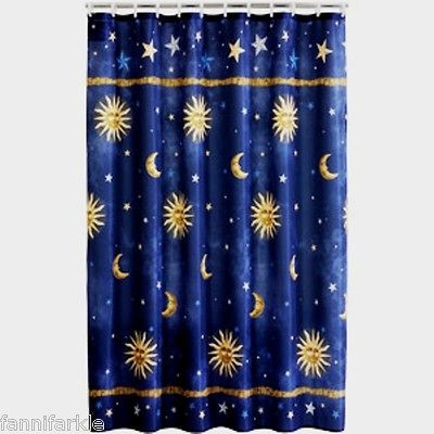 SUN MOON & STARS FABRIC SHOWER CURTAIN + MATCHING SHOWER HOOKS ~ NEW