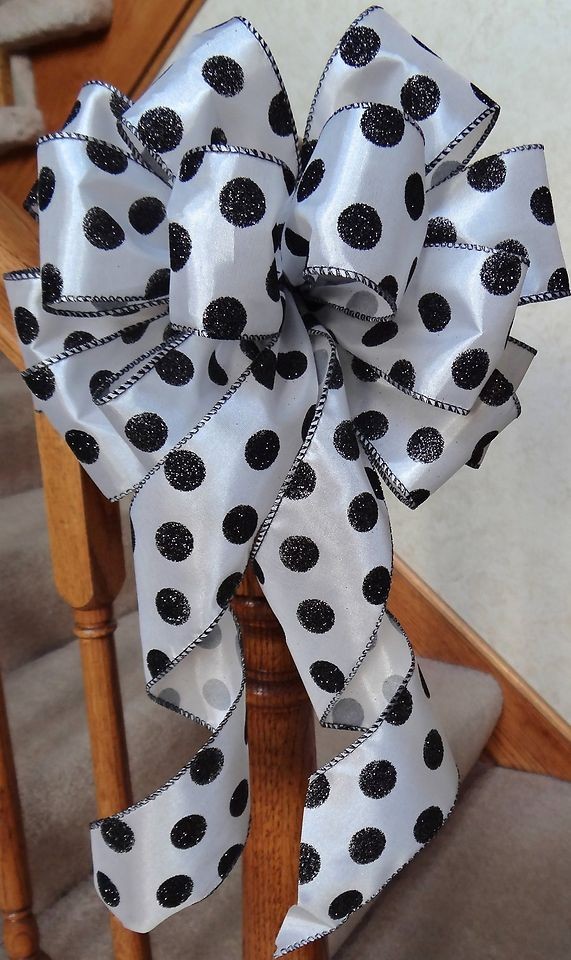 LARGE 10 WIDE BLACK WHITE POLKA DOT BOW~USES HALLOWEEN*BIRTHDAY 