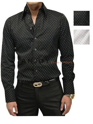 New 2012 Mens Casual Black White Polka Dots Slim Fit Dress Shirts 