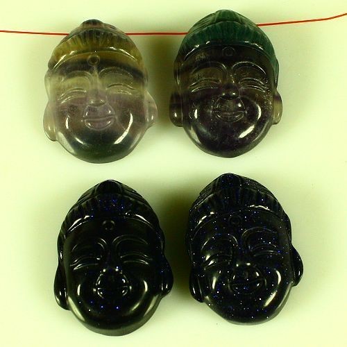 L17670 Four Carved Blue Sunstone fluorite Buddha head Pendant Beads