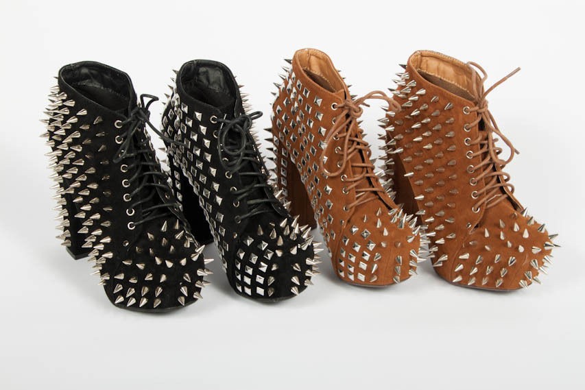   Spiked Platform Ankle Heels/Boots in Black and Camel in Vegan Suede