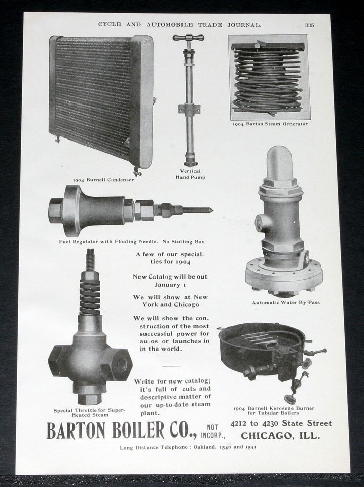 1904 OLD MAGAZINE PRINT AD, BARTON BOILER, STEAM CAR PARTS, BURNELL 