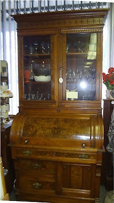   Eastlake Secretary Desk Walnut Burl c1880 Bookshelves Post Office