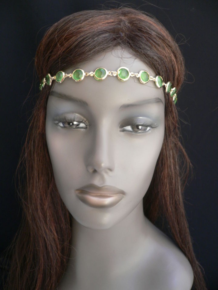 NEW WOMEN GOLD GREEN METAL CHAIN ROW HEAD BAND GRECIAN CIRCLET FASHION 